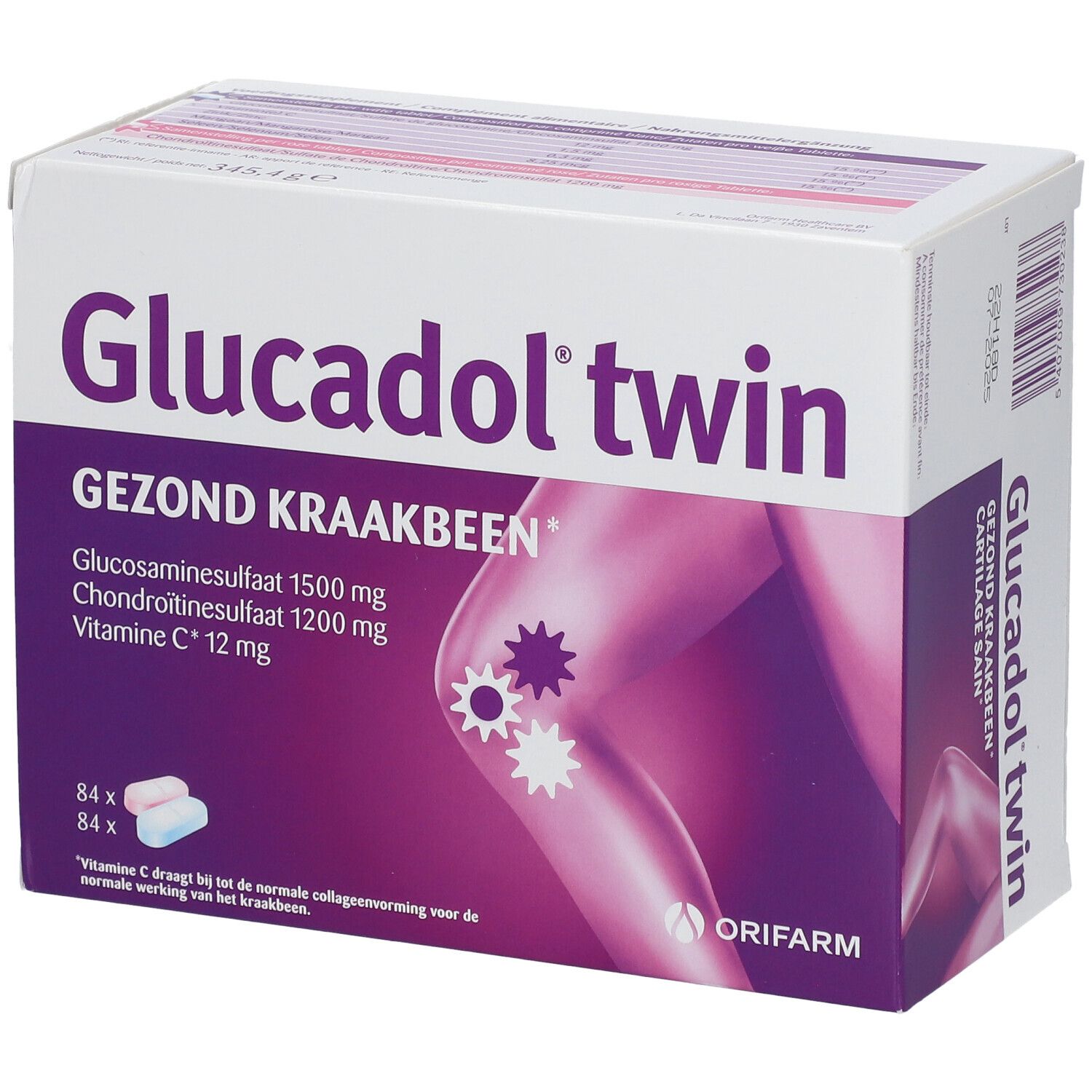Glucadol twin-Verpackung. Enthält 84 Tabletten. Aufschrift: Knorpel gesund. Enthält Glucosamin, Chondroitin und Vitamin C. Marke: Orifarm.