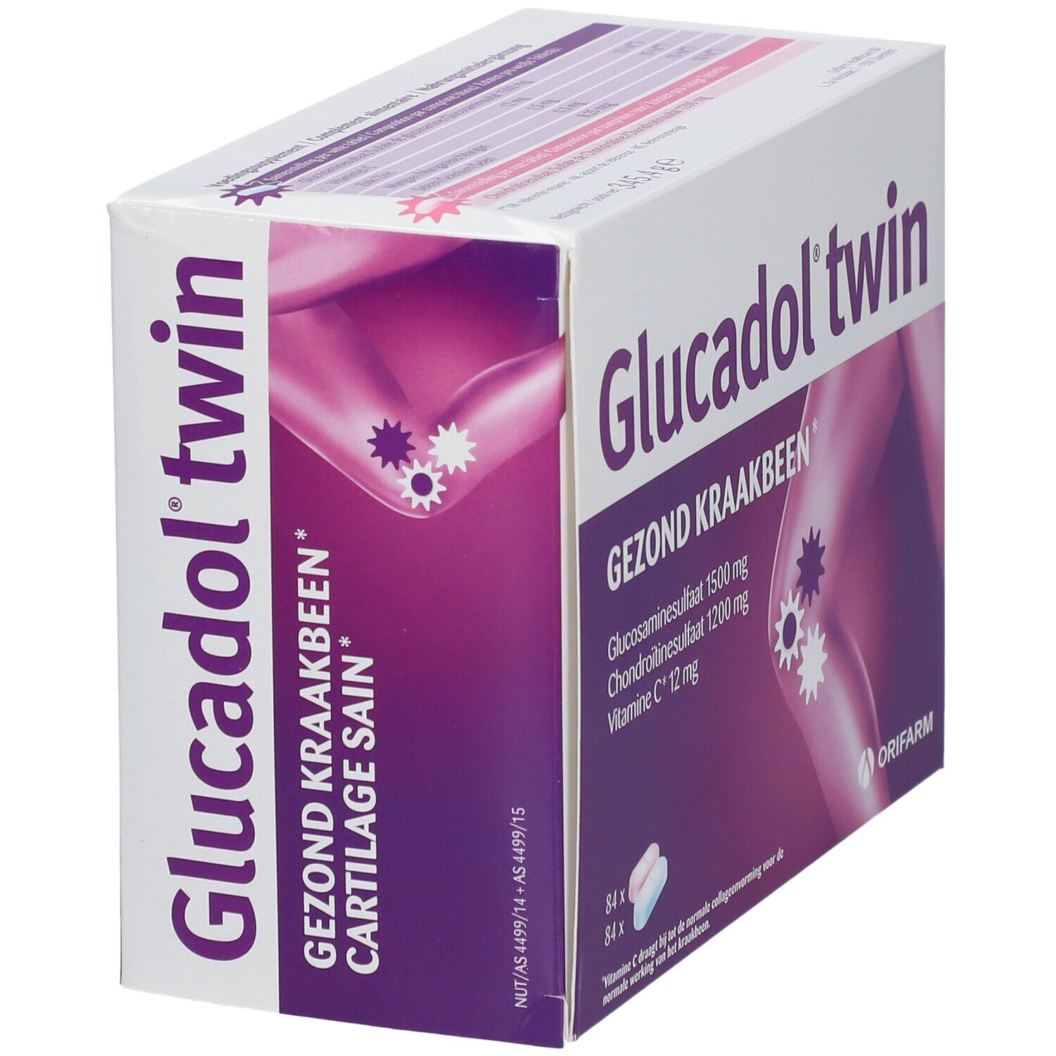 Glucadol twin-Verpackung. Enthält 84 Tabletten. Aufschrift: Knorpel gesund. Enthält Glucosamin, Chondroitin und Vitamin C. Marke: Orifarm.