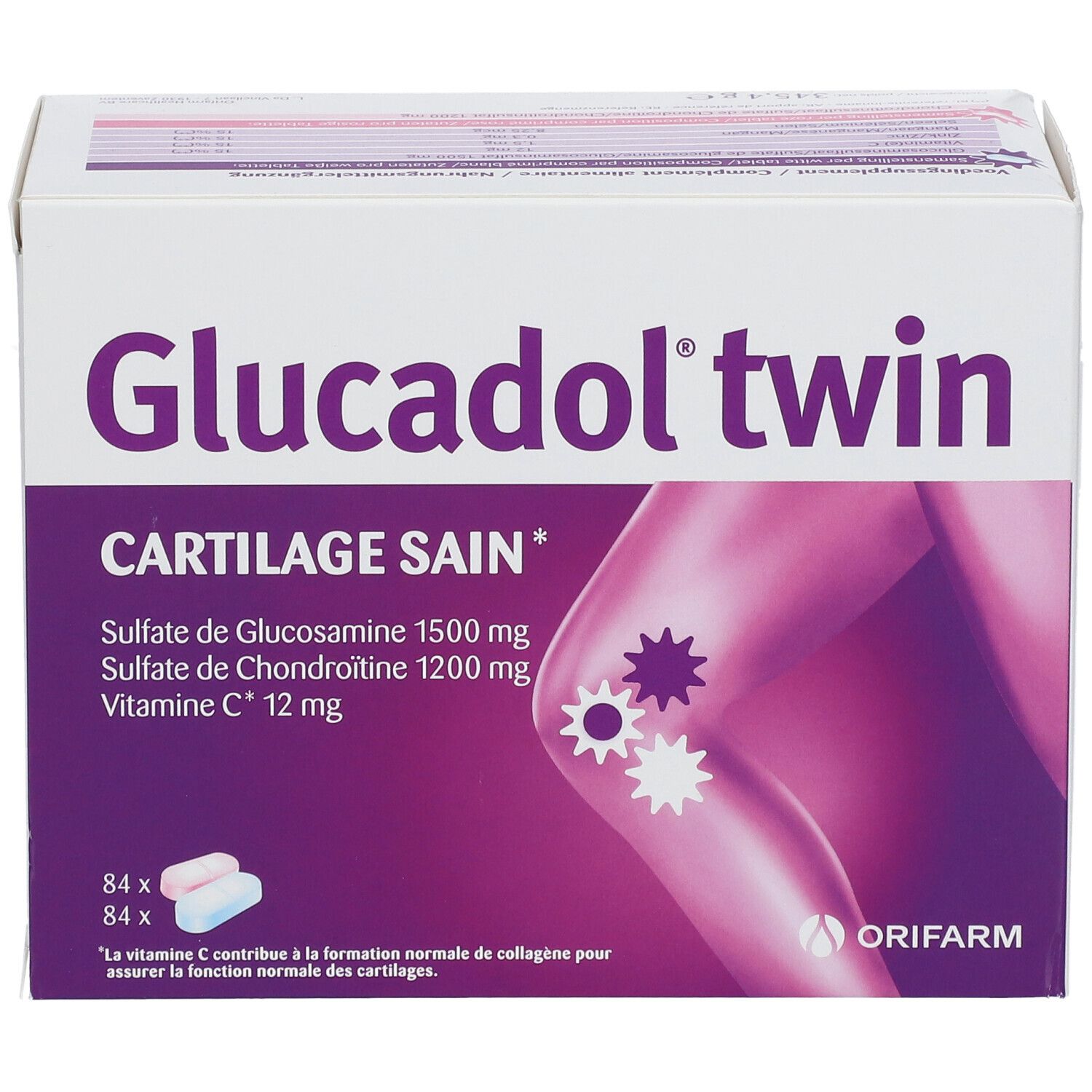 Glucadol twin-Verpackung. Enthält 84 Tabletten. Aufschrift: Knorpel gesund. Enthält Glucosamin, Chondroitin und Vitamin C. Marke: Orifarm.