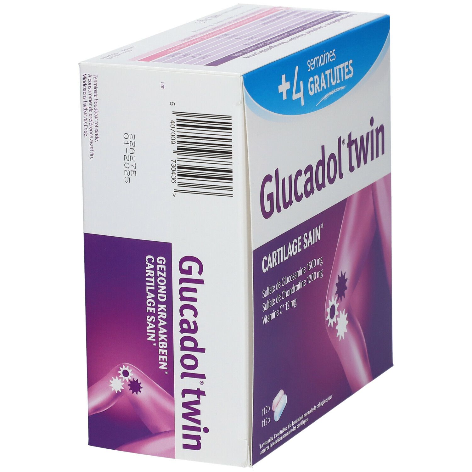Vue latérale de la boîte Glucadol twin. Inscription: Cartilage Sain, Glucadol twin. Code-barres et date de péremption.