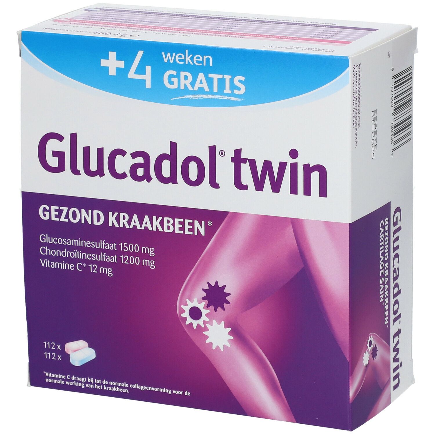 Boîte Glucadol twin. Inscription: Cartilage Sain, glucosamine sulfate, chondroïtine sulfate, vitamine C. Illustration d'un genou.