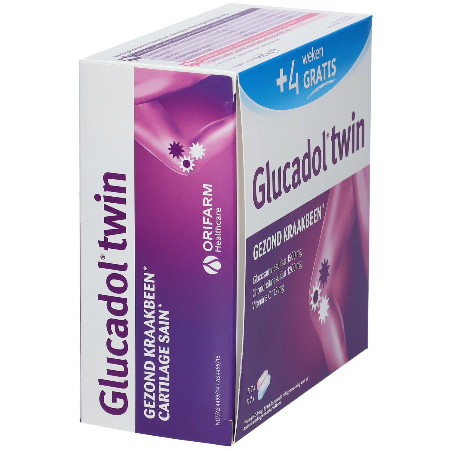 Vue latérale de la boîte Glucadol twin. Inscription: Cartilage Sain, Glucadol twin. Logo Orifarm Healthcare.