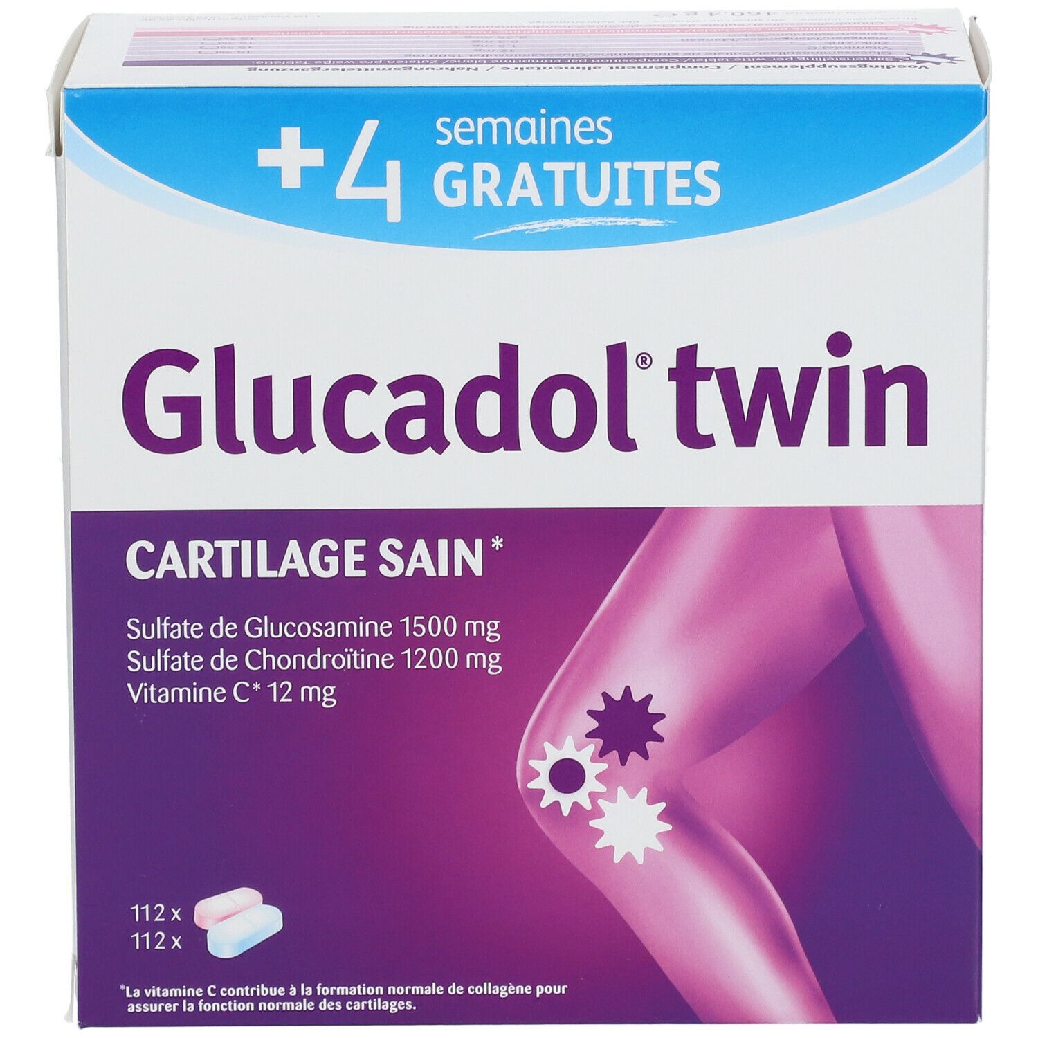 Boîte Glucadol twin. Inscription: Cartilage Sain, sulfate de glucosamine, sulfate de chondroïtine, vitamine C. Illustration d'un genou.