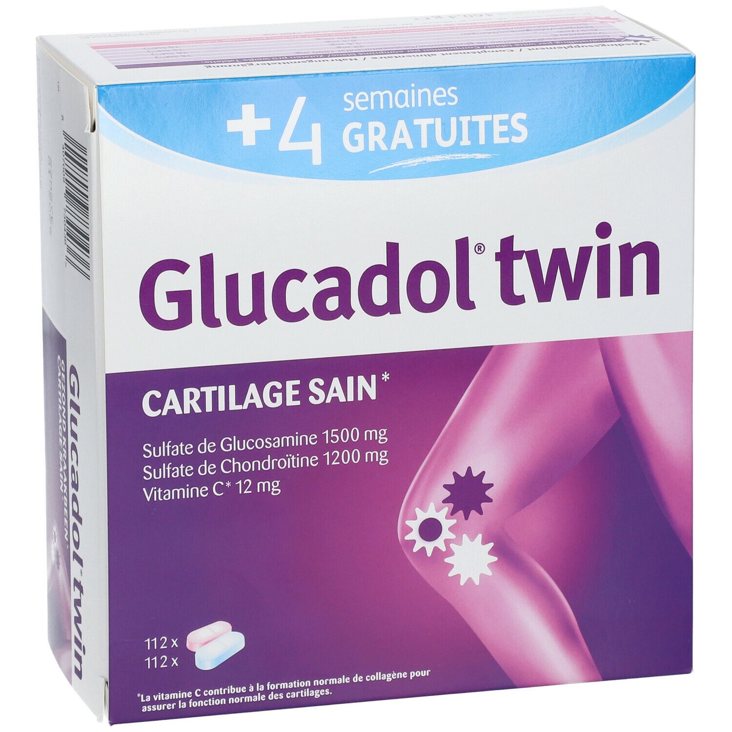 Boîte Glucadol twin. Inscription: Cartilage Sain, sulfate de glucosamine, sulfate de chondroïtine, vitamine C. Illustration d'un genou.