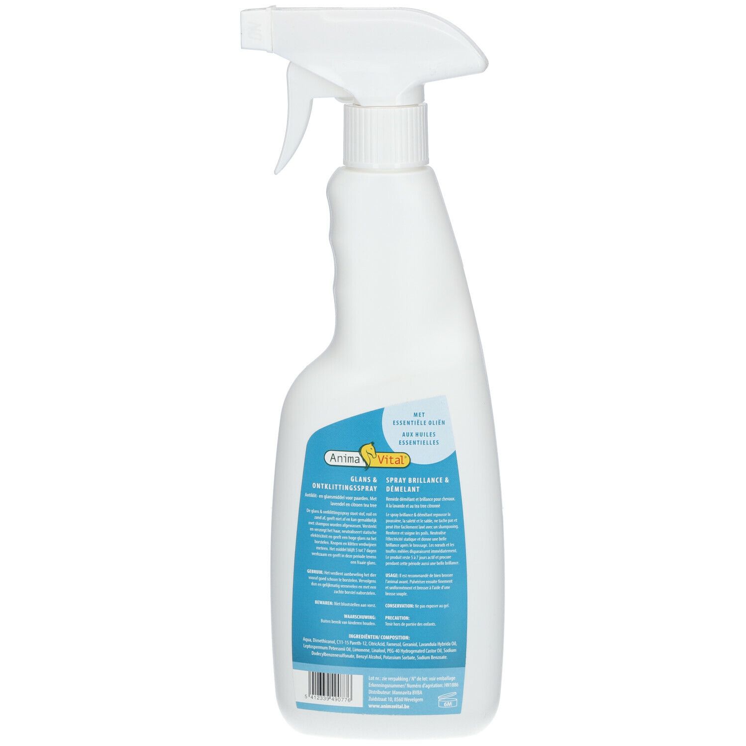 Achterkant van witte sprayfles met blauw etiket. Opschrift: Anima Vital, Glans & Démêlant Spray. Tekst en barcode.