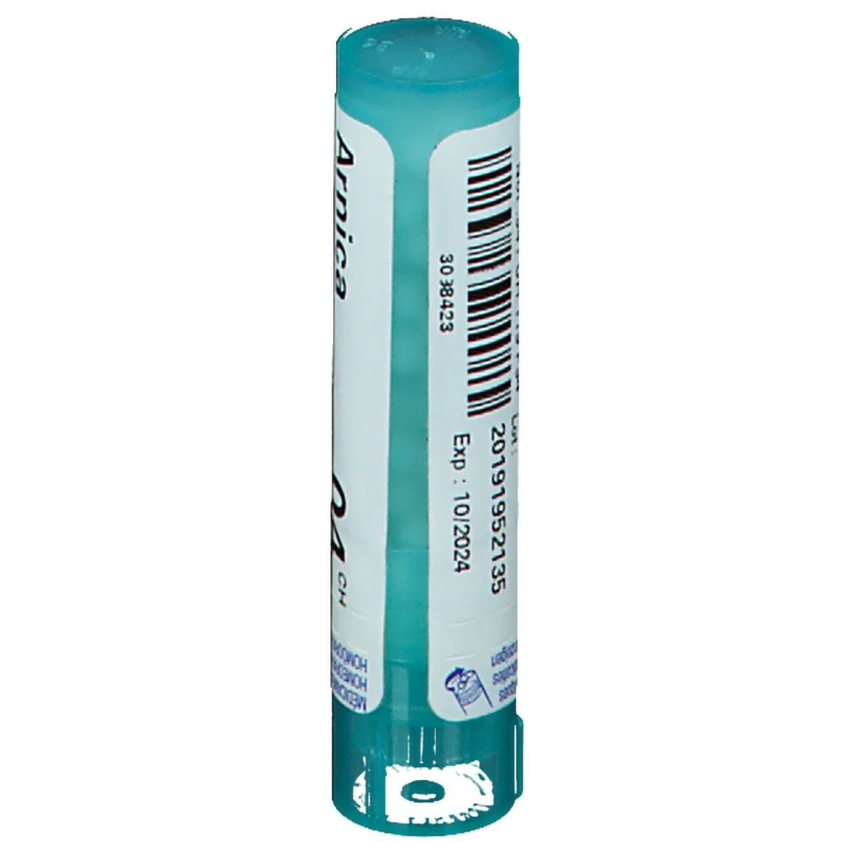 Cilindervormige tube met blauwe dop. Streepjescode en informatie. Opschrift: Arnica 04 CH.