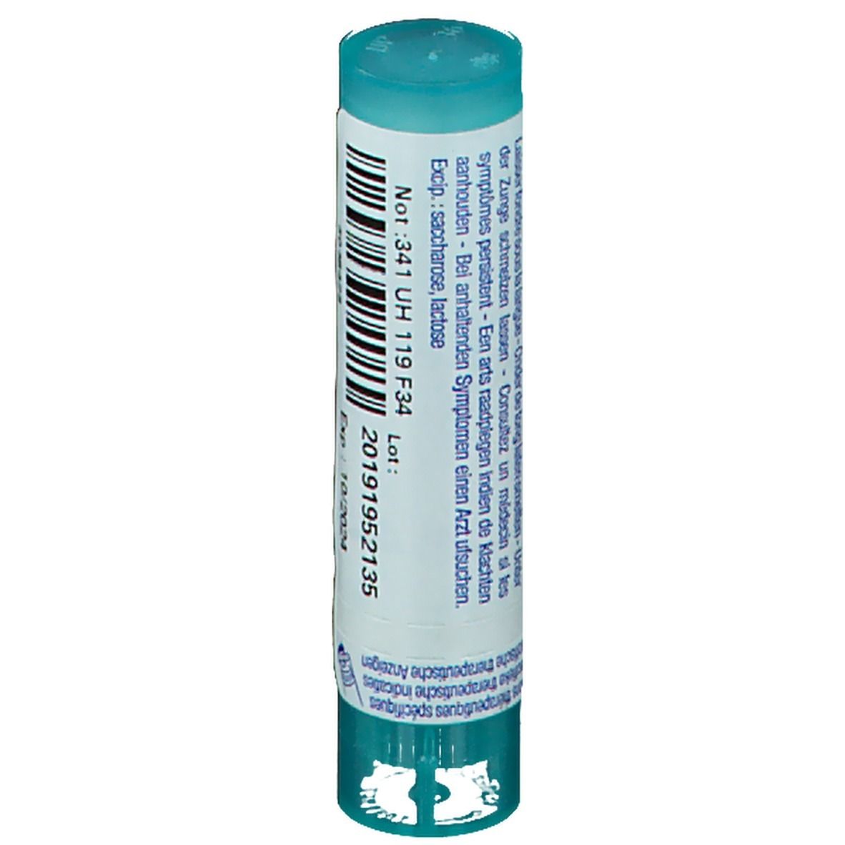 Cilindervormige tube met blauwe dop. Informatie en tekst. Opschrift: Arnica 04 CH.