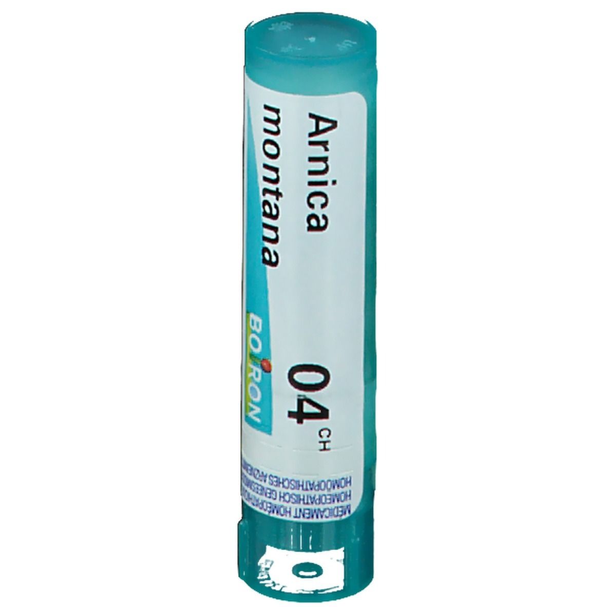 Cilindervormige tube met blauwe dop. Opschrift: Arnica montana 04 CH. Merk: Boiron.