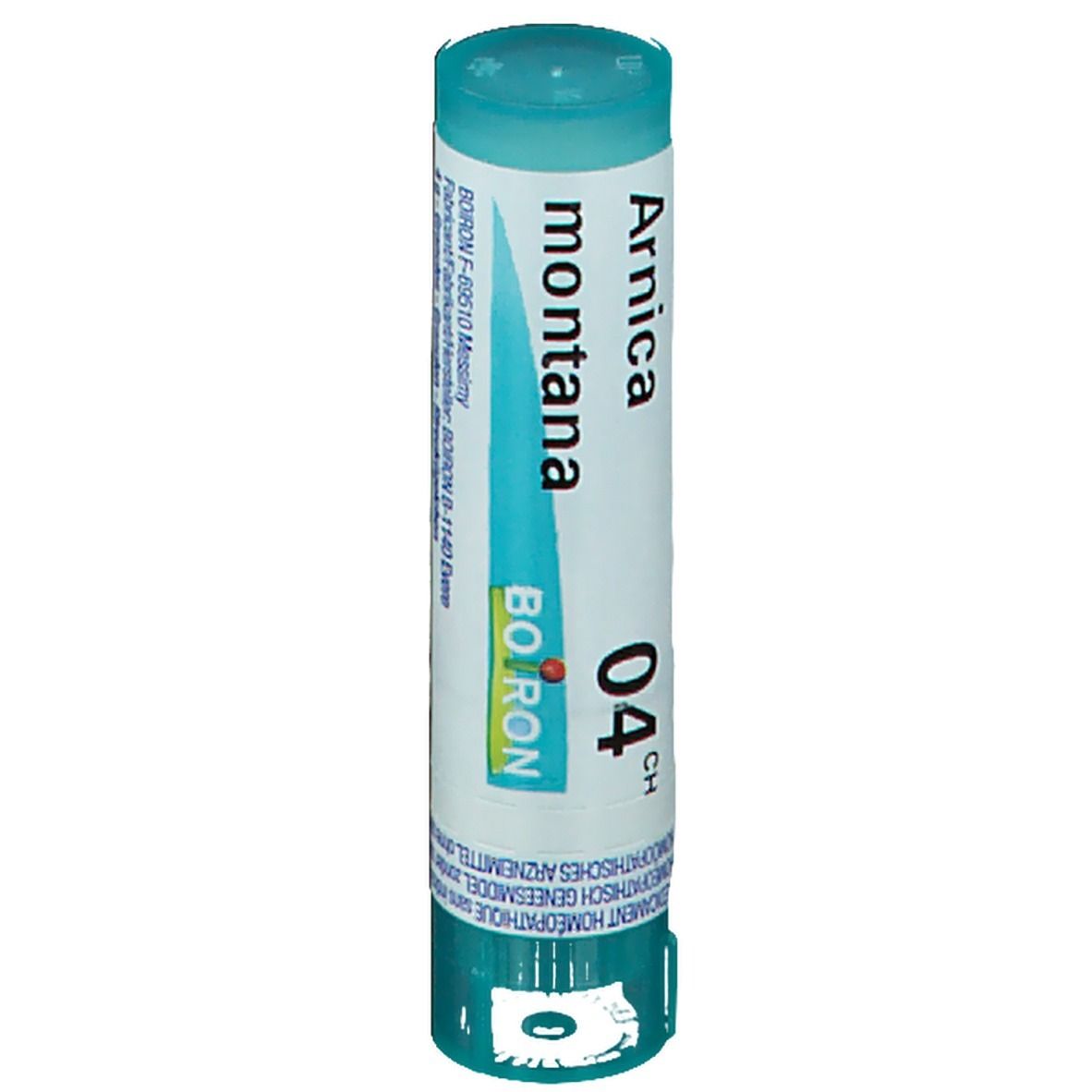 Cilindervormige tube met blauwe dop. Opschrift: Arnica montana 04 CH. Merk: Boiron.