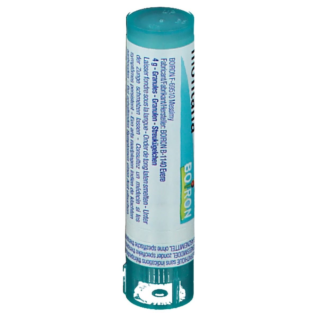 Cilindervormige tube met blauwe dop. Tekst en merk: Boiron.