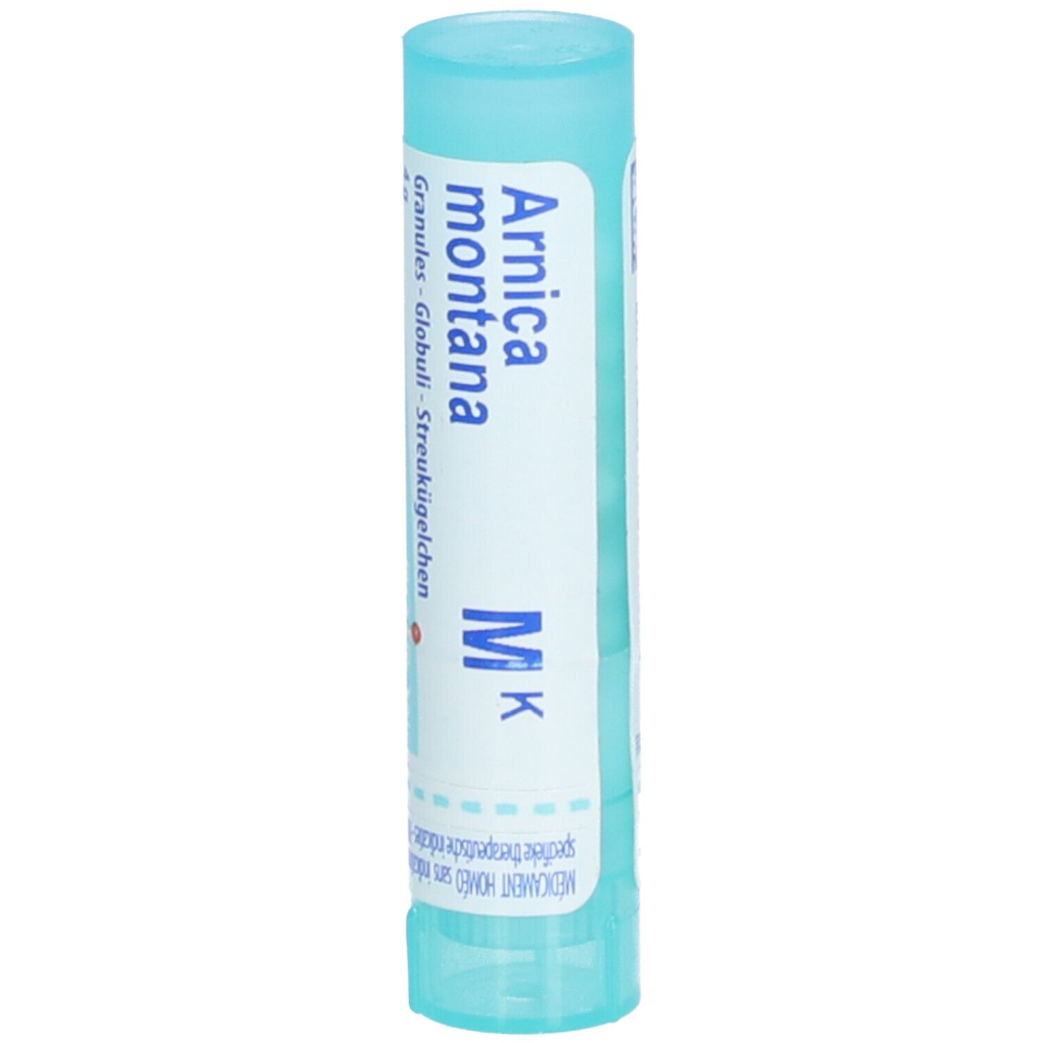 Tube cylindrique bleu clair avec étiquette blanche. Inscription: Arnica montana MK, Granules, Globuli, Streukügelchen.
