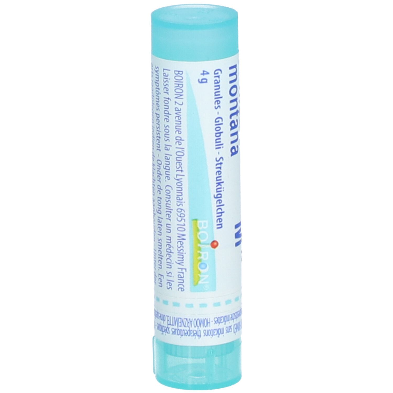 Tube cylindrique bleu clair avec étiquette blanche. Inscription: Boiron, Arnica montana, 4g, Granules, Globuli, Streukügelchen.