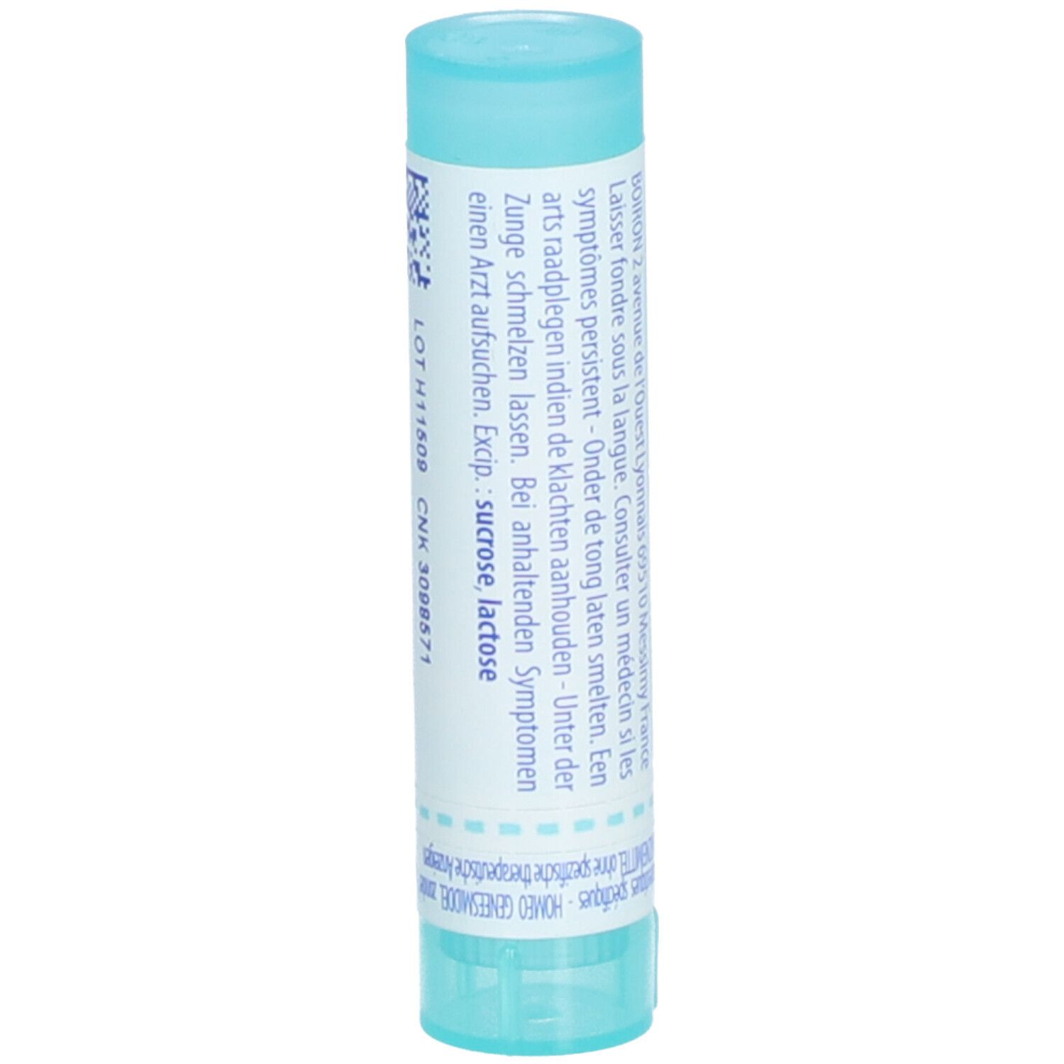 Tube cylindrique bleu clair avec étiquette blanche. Inscription: sucrose, lactose. Autres lignes de texte.