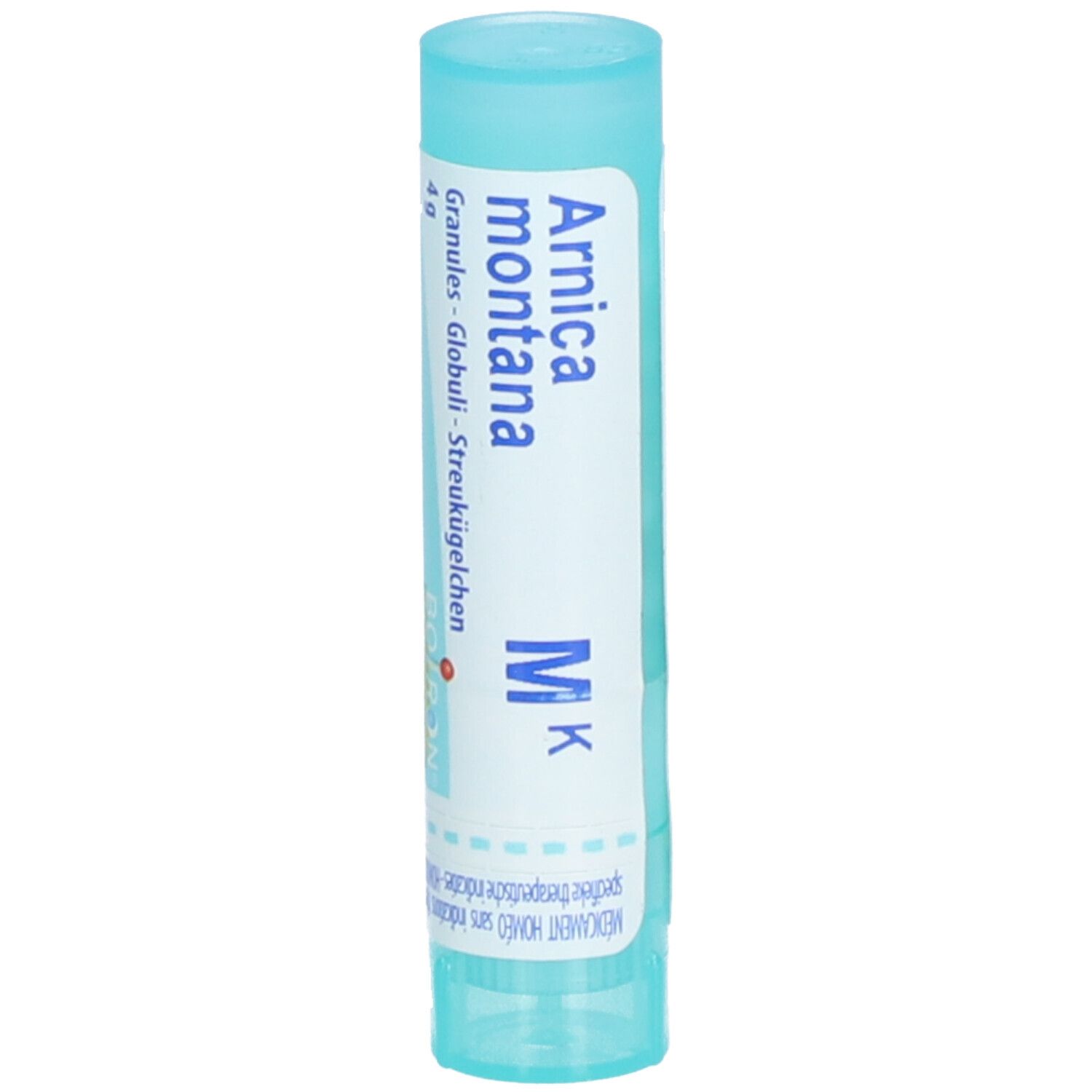 Tube cylindrique bleu clair avec étiquette blanche. Inscription: Arnica montana MK, Granules, Globuli, Streukügelchen.