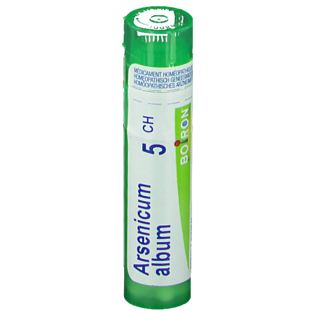 Tube verte avec étiquette blanche. Inscription: Arsenicum album 5 CH, Boiron.