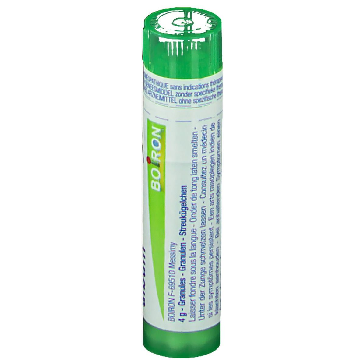 Tube vert avec étiquette blanche. Inscription: Granules, Boiron F-69510 Messimy.