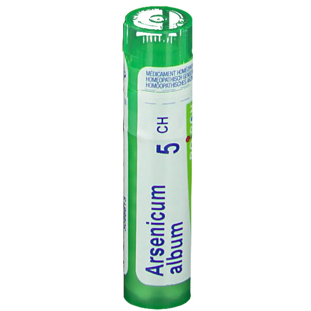 Tube vert avec étiquette blanche. Inscription: Arsenicum album 5 CH, Boiron.