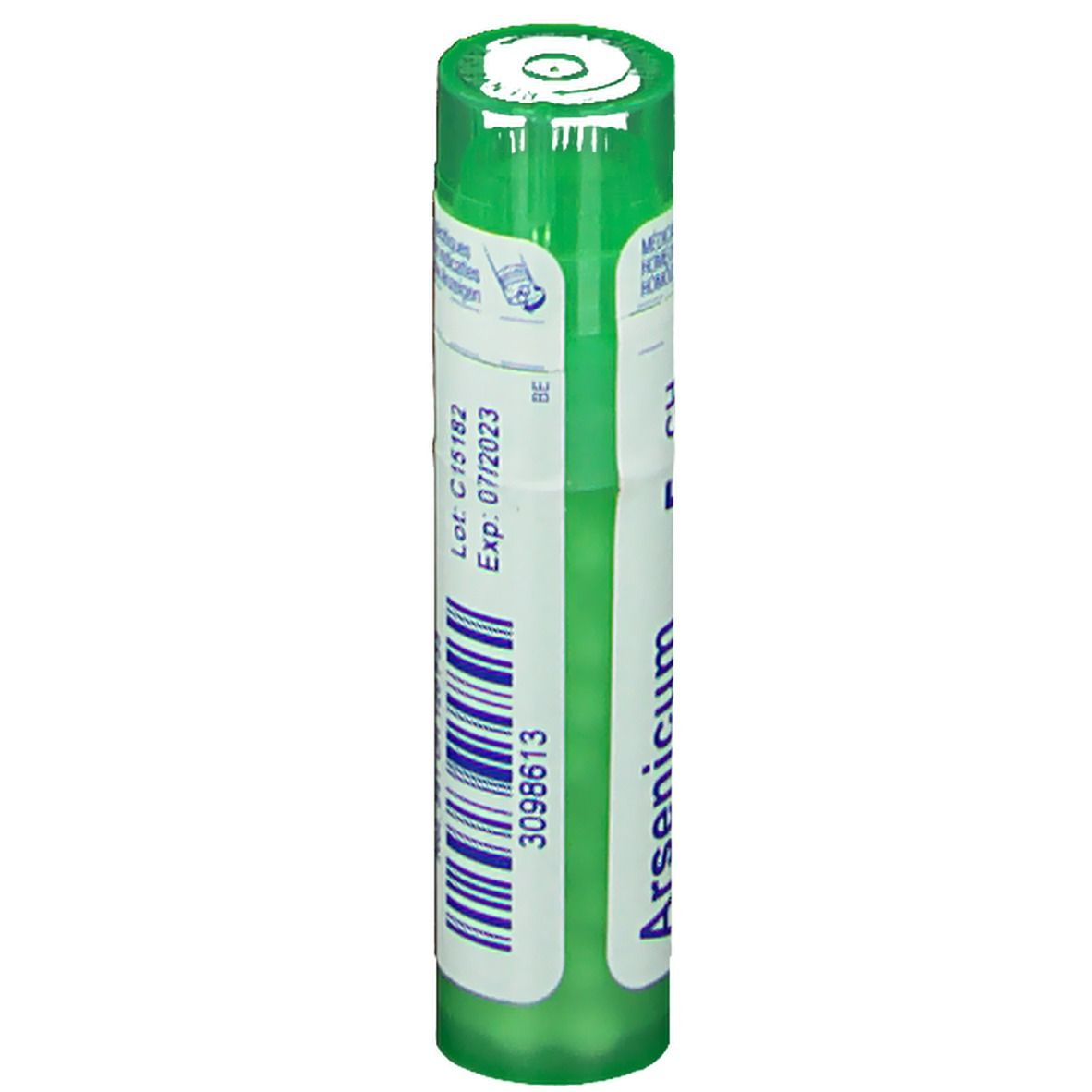 Tube vert avec étiquette blanche. Inscription: Arsenicum, 3098613, Lot. C15182, Exp. 07/2023.