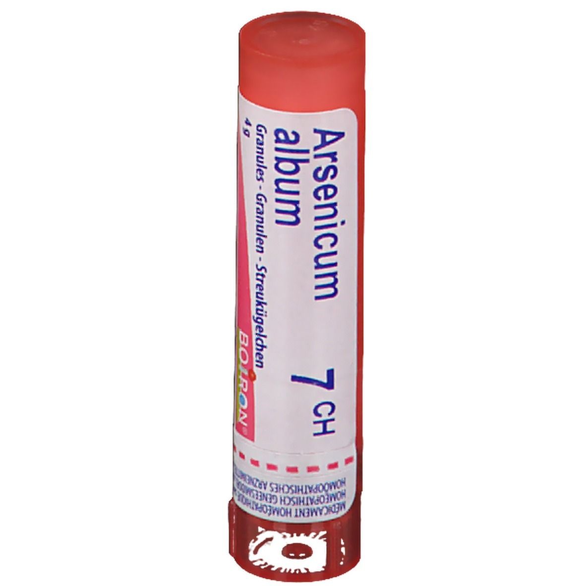 Tube cylindrique rouge et blanc. Inscription: Arsenicum album 7 CH, Boiron, granules.