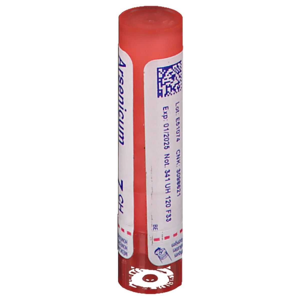 Tube cylindrique. Inscription: Arsenicum album 7 CH. Code QR et numéro de lot.