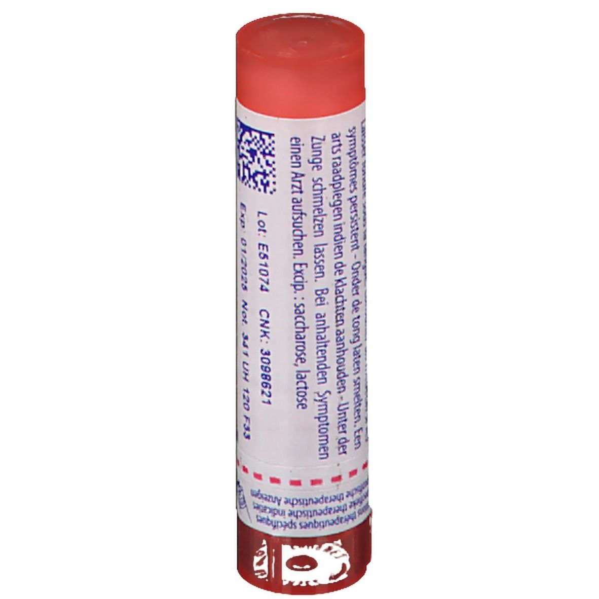 Tube cylindrique. Texte: Arsenicum album 7 CH. Contient des instructions d'utilisation.