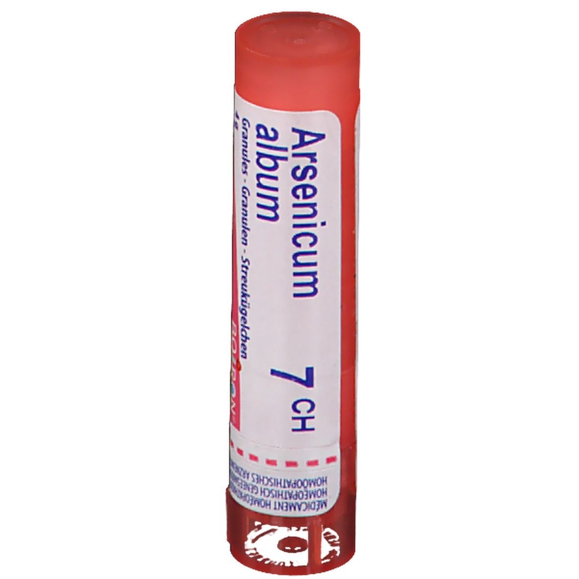 Tube cylindrique rouge et blanc. Inscription: Arsenicum album 7 CH, Boiron, granules.