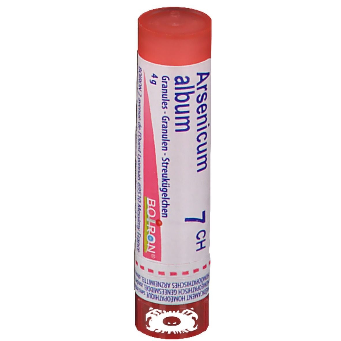 Tube cylindrique rouge et blanc. Inscription: Arsenicum album 7 CH, Boiron, 4g granules.