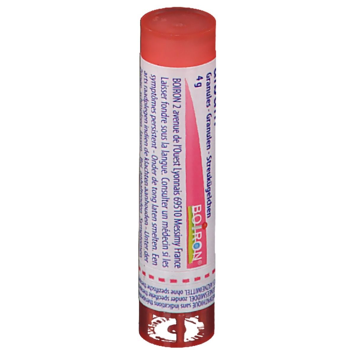 Tube cylindrique. Inscription: Arsenicum album 7 CH, Boiron, 4g granules. Adresse.
