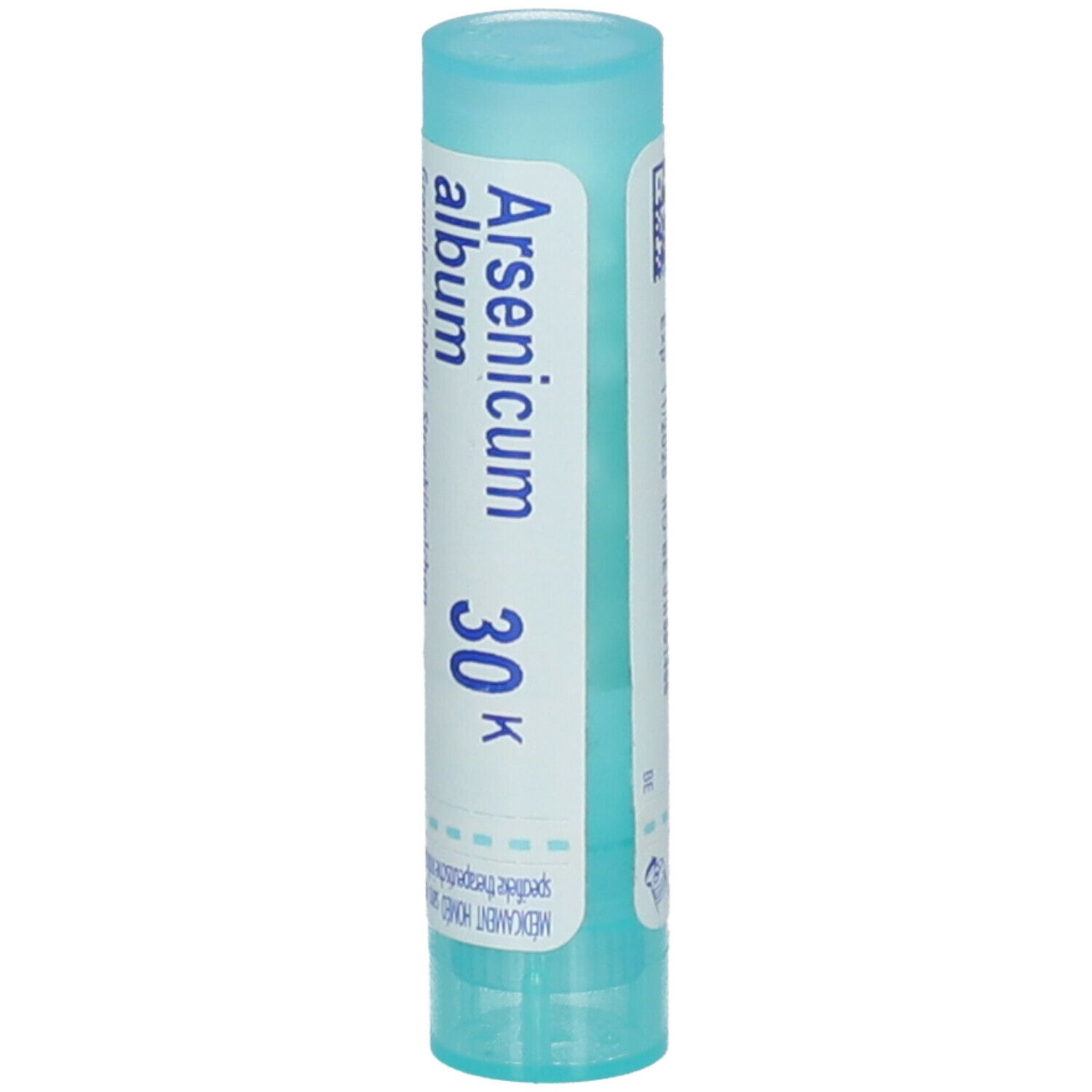 Cilindervormige verpakking met opschrift Arsenicum album 30K. Turkooiskleurige dop en bodem. Granules.