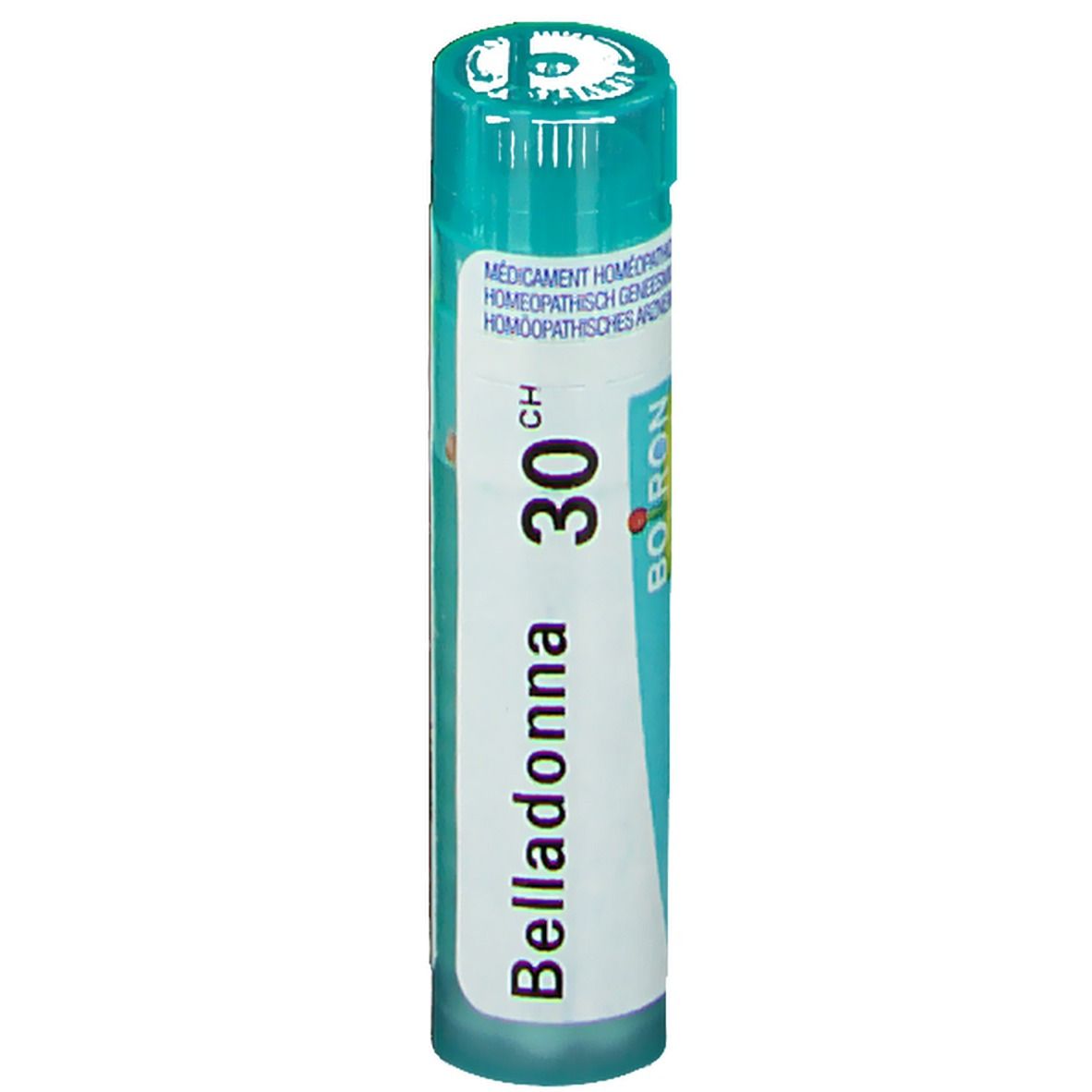 Tube cylindrique à bouchon vert. Inscription: Belladonna 30 CH, Boiron. Étiquette blanche avec ligne bleue.