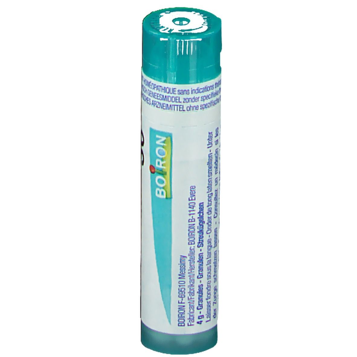 Tube cylindrique à bouchon vert. Inscription: Boiron. Étiquette blanche avec texte et ligne bleue. Adresse du fabricant.