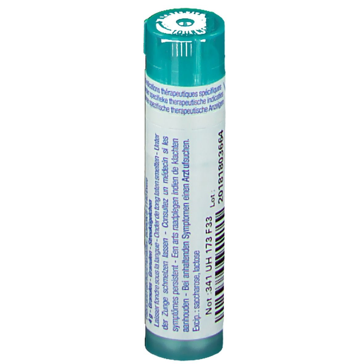 Tube cylindrique à bouchon vert. Étiquette blanche avec texte. Numéro de lot et date de péremption visibles.
