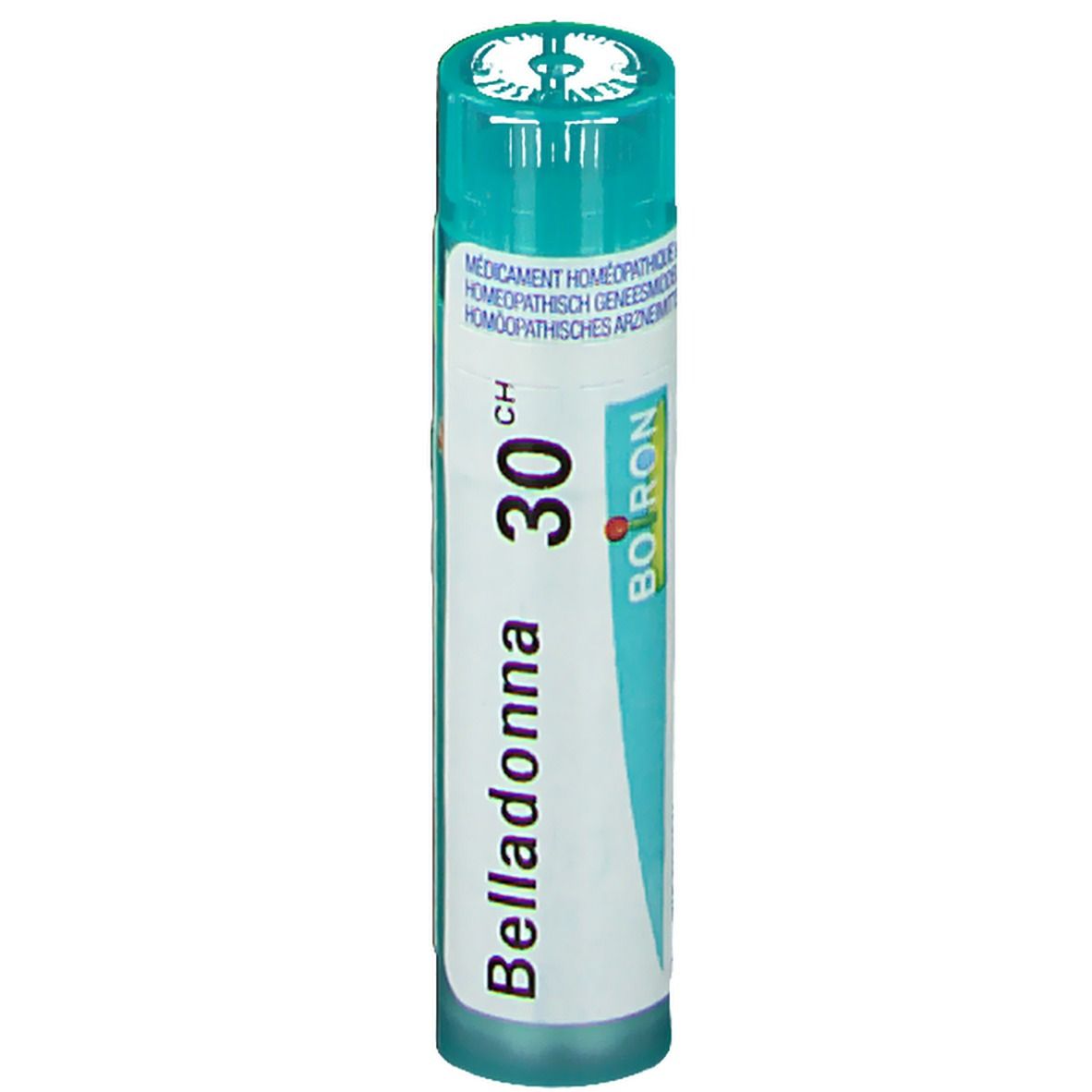 Tube cylindrique à bouchon vert. Inscription: Belladonna 30 CH, Boiron. Étiquette blanche avec ligne bleue.