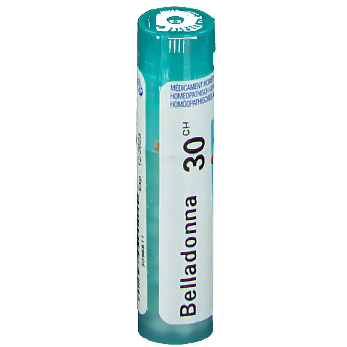 Tube cylindrique à bouchon vert. Inscription: Belladonna 30 CH. Étiquette blanche avec texte et date de péremption.
