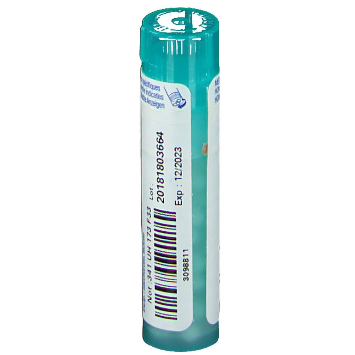 Tube cylindrique à bouchon vert. Étiquette blanche avec texte, numéro de lot, date de péremption et code-barres.