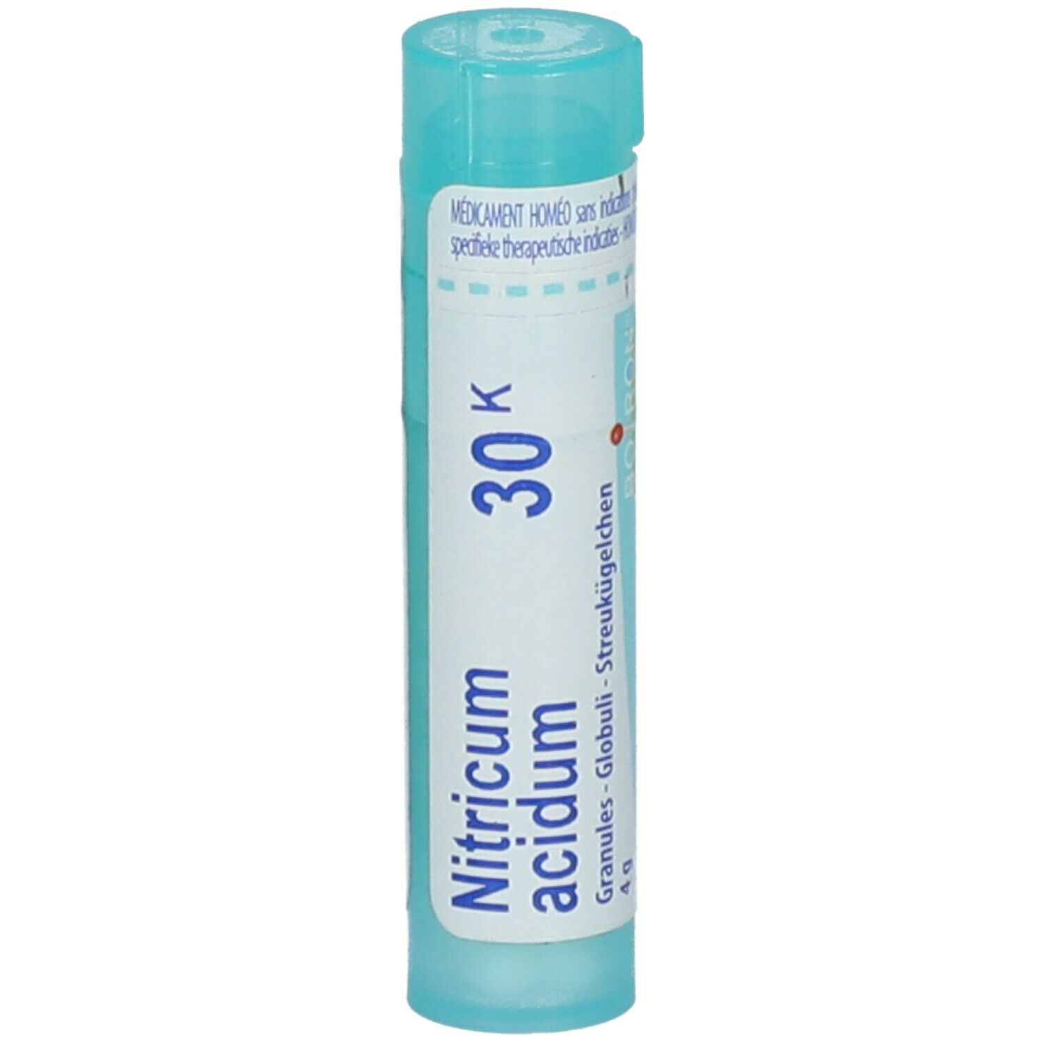 Tube cylindrique vert turquoise avec étiquette blanche. Contient 'Nitricum acidum 30K'. Texte: 'Granules - Globuli - Streukügelchen'.
