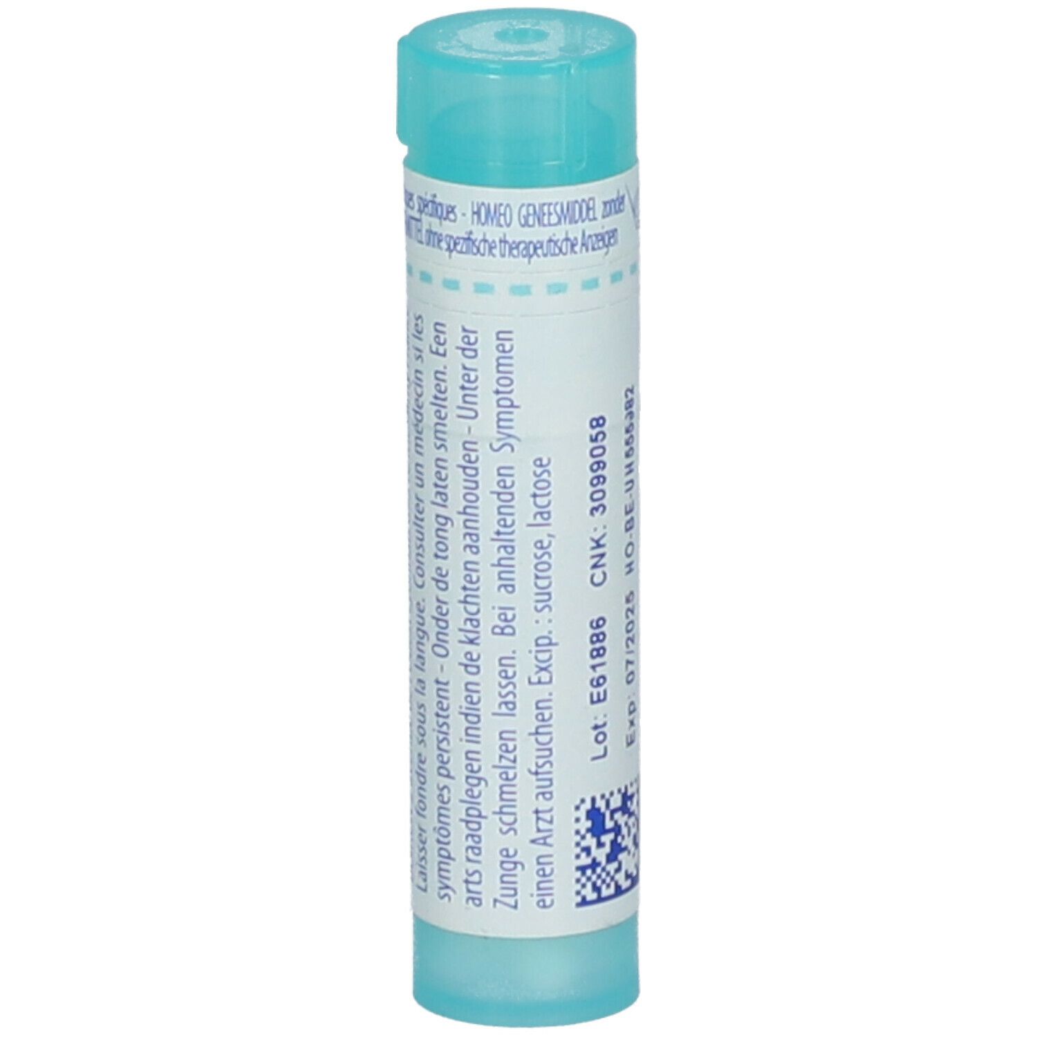 Tube cylindrique turquoise avec étiquette blanche. Contient 'Nitricum'. Impression: CNK, lot, date d'expiration, QR code et mode d'emploi.