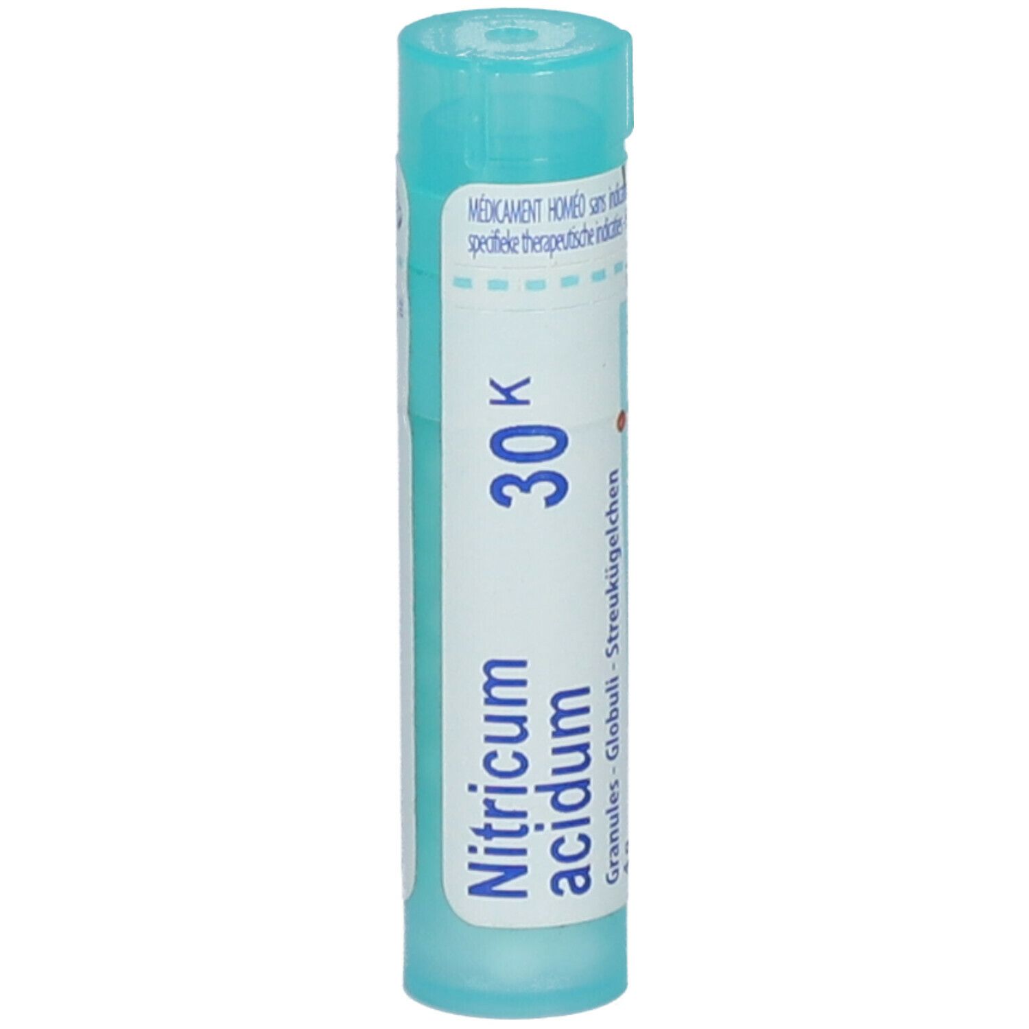 Tube cylindrique vert turquoise avec étiquette blanche. Contient 'Nitricum acidum 30K'. Texte: 'Granules - Globuli - Streukügelchen'.