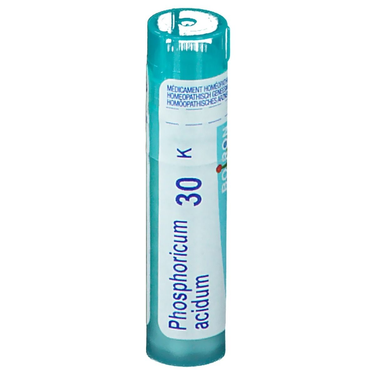 Cilindrische tube met blauw-witte beschrijving. Opschrift: Phosphoricum acidum 30 K. Merk Boiron.
