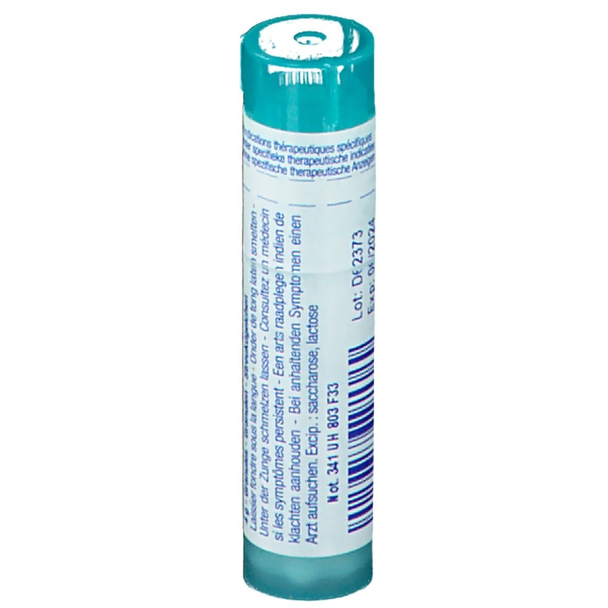 Cilindrische tube met blauw-witte beschrijving. Meertalige tekst. Lotnummer en vervaldatum.