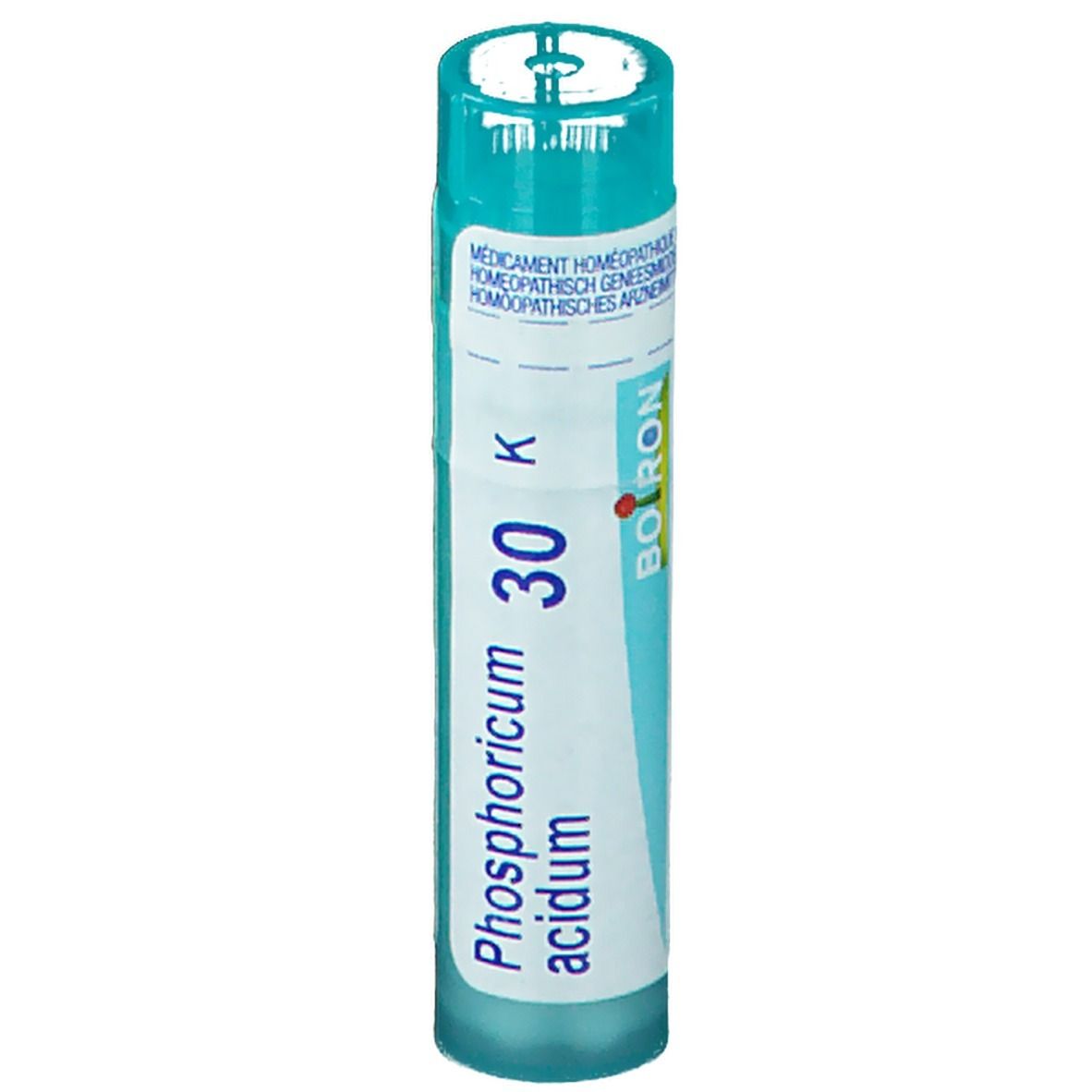 Cilindrische tube met blauw-witte beschrijving. Opschrift: Phosphoricum acidum 30 K. Merk Boiron.