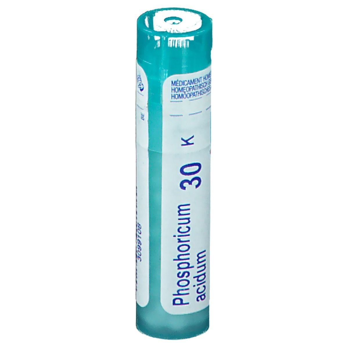 Cilindrische tube met blauw-witte beschrijving. Opschrift: Phosphoricum acidum 30 K.