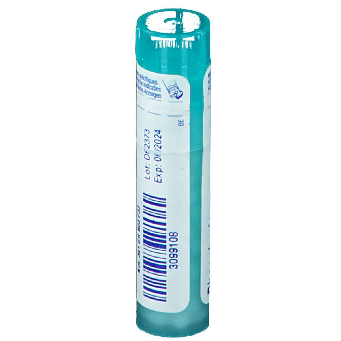 Cilindrische tube met blauw-witte beschrijving. Lotnummer en vervaldatum. Code 3099108.