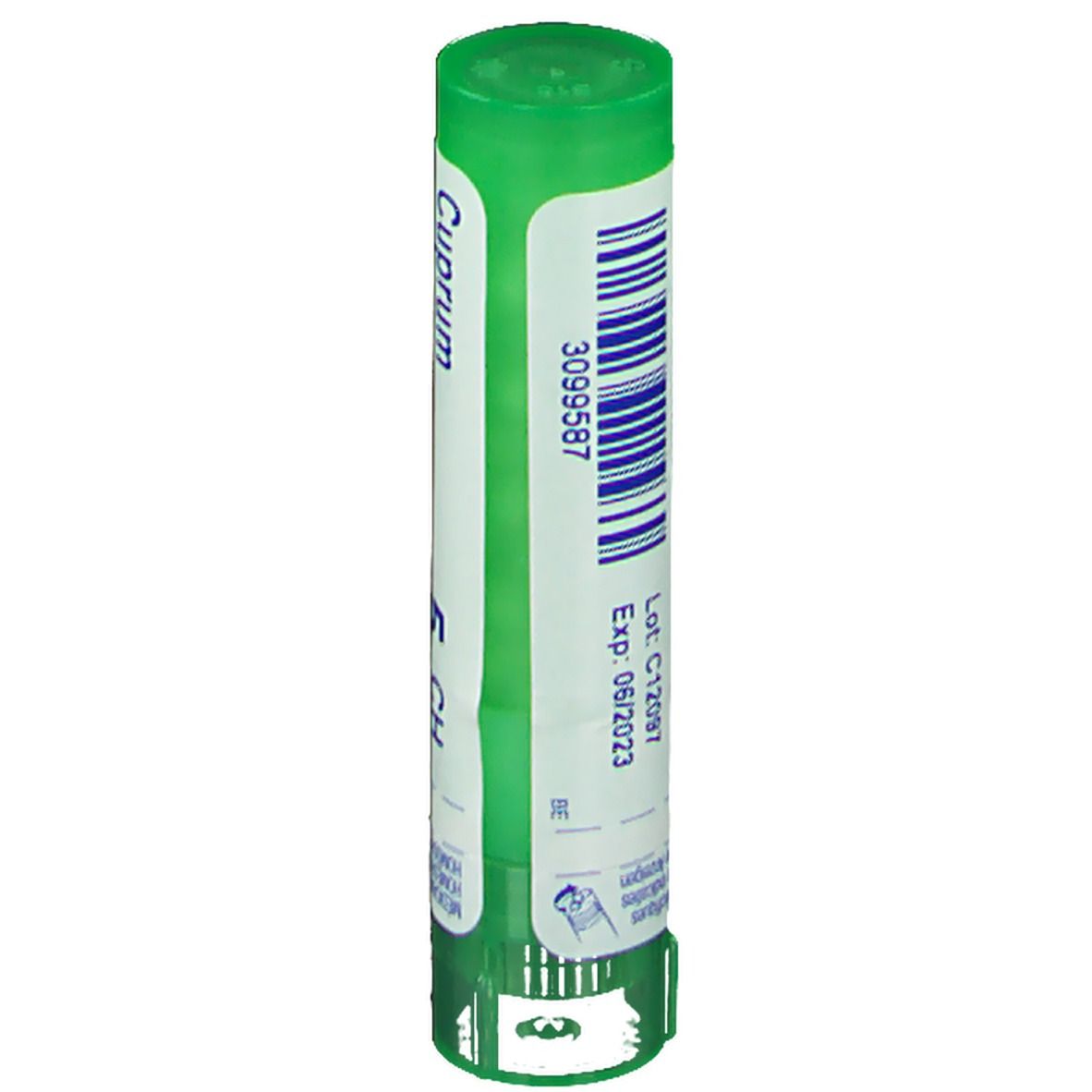Tube cylindrique. Code-barres, date de péremption et de lot. Étiquette verte et blanche.