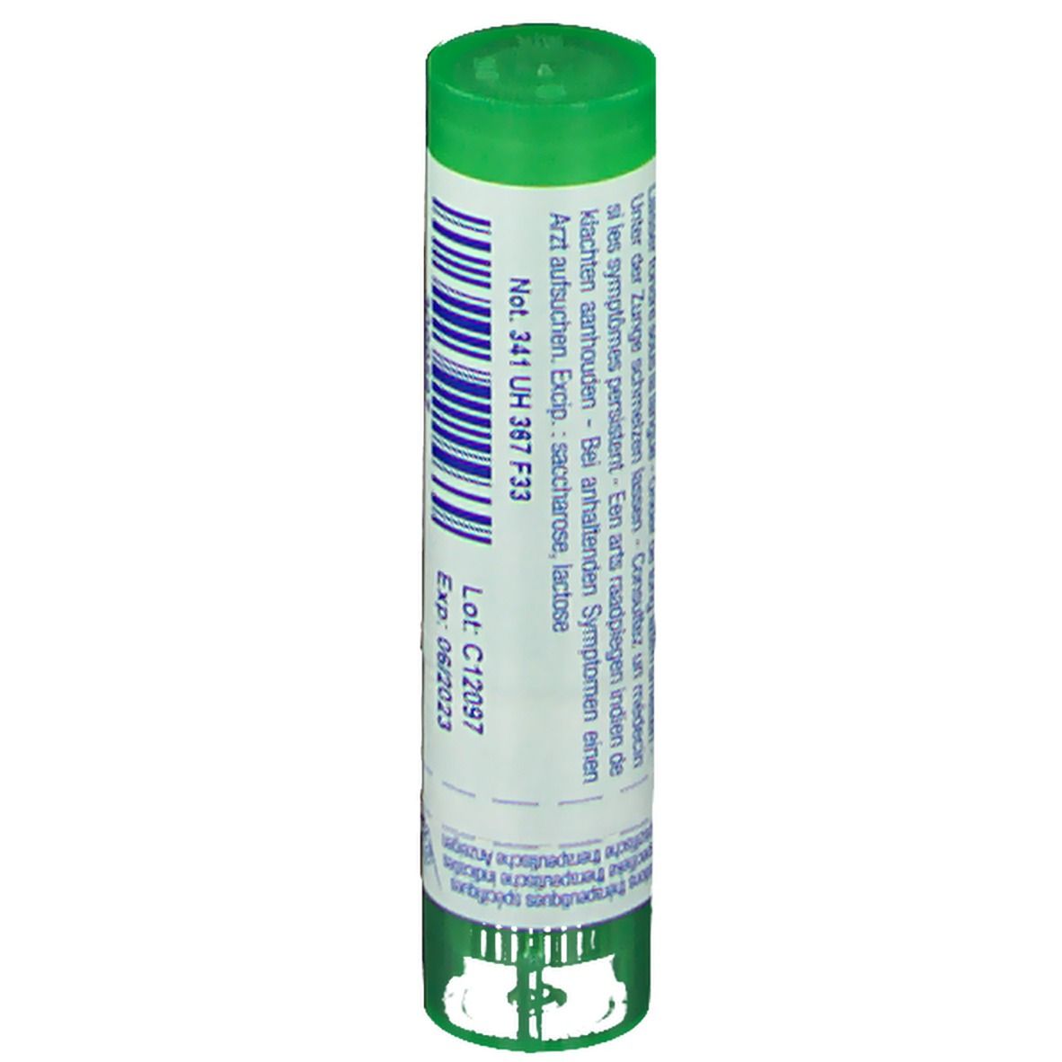 Tube cylindrique. Texte multilingue. Date de péremption et de lot. Étiquette verte et blanche.