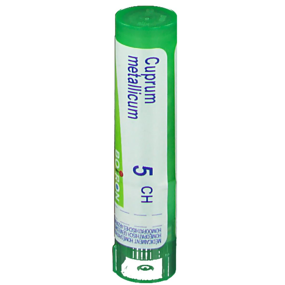 Tube cylindrique vert et blanc. Inscription: Cuprum metallicum 5 CH, Boiron. Étiquette verte et blanche.