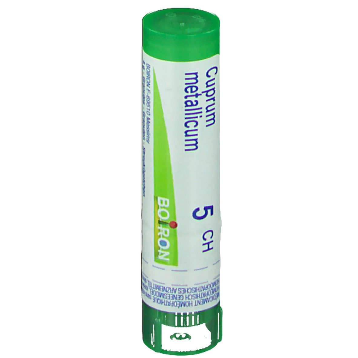 Tube cylindrique vert et blanc. Inscription: Cuprum metallicum 5 CH, Boiron. Étiquette verte et blanche.