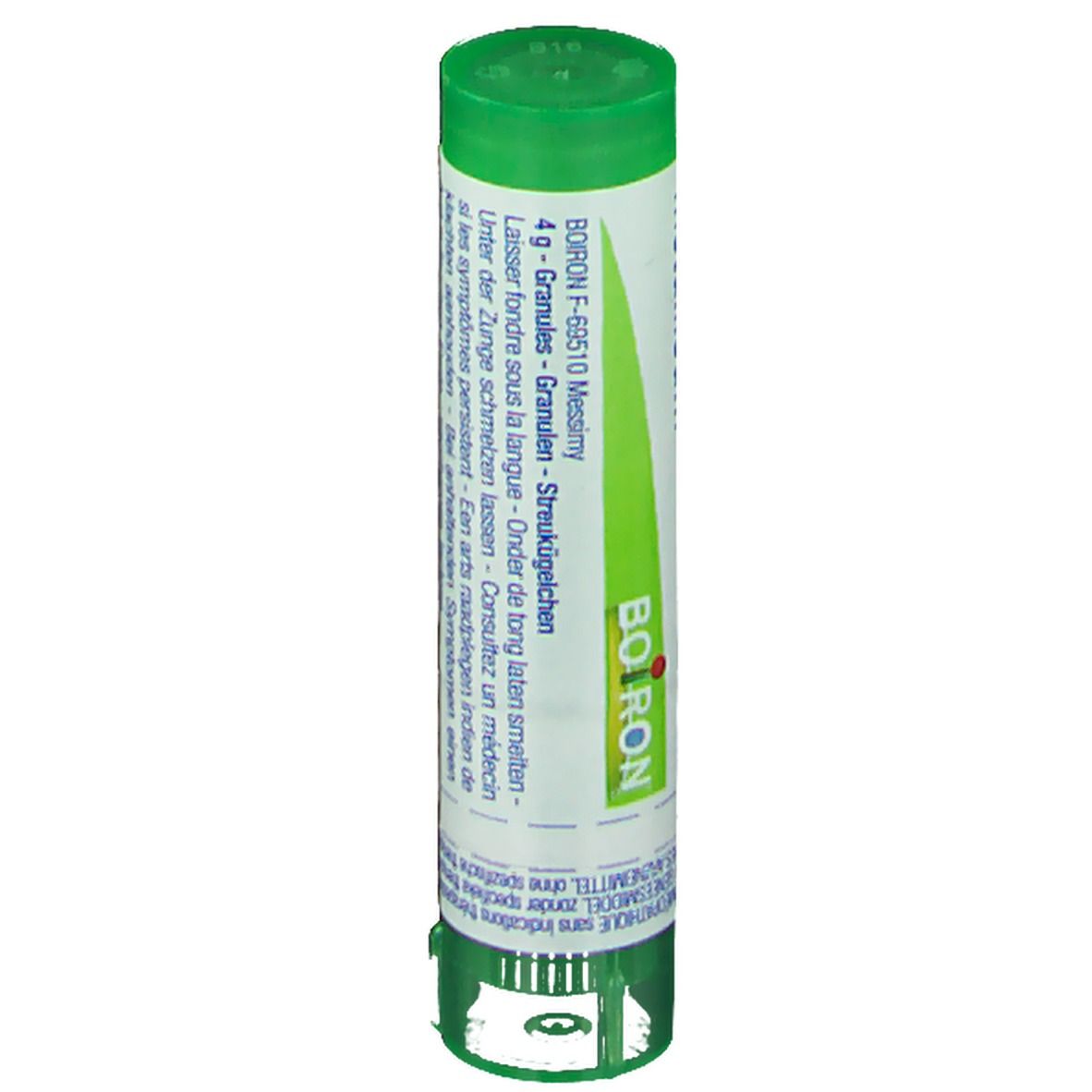 Tube cylindrique. Inscription: Boiron, Granules. Étiquette verte et blanche.