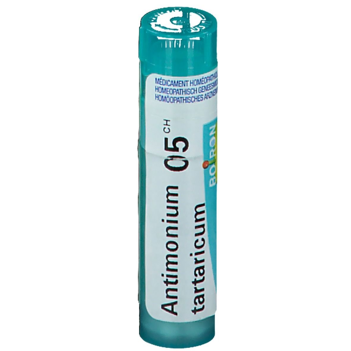 Tube cylindrique bleu. Inscription: Antimonium tartaricum 5CH, Boiron. Médicament homéopathique.