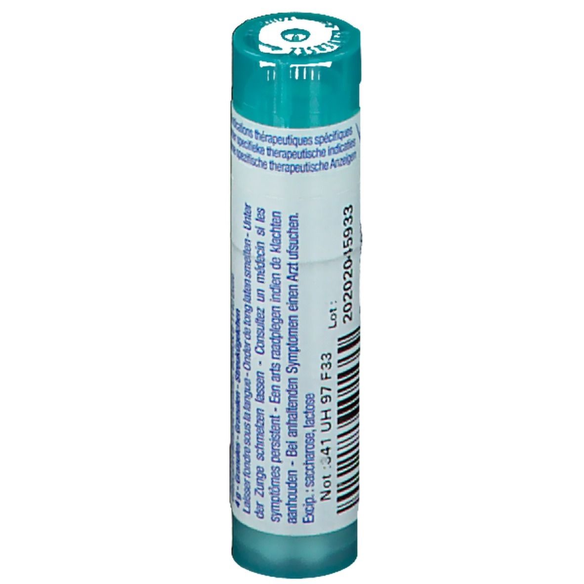 Tube cylindrique bleu. Inscription: 4g, saccharose, lactose. Numéro de lot et date d'expiration.